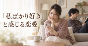 「私ばかり好き」と感じ、スマートフォンを見ながら寂しそうに考える女性と、距離を置いて座る彼氏