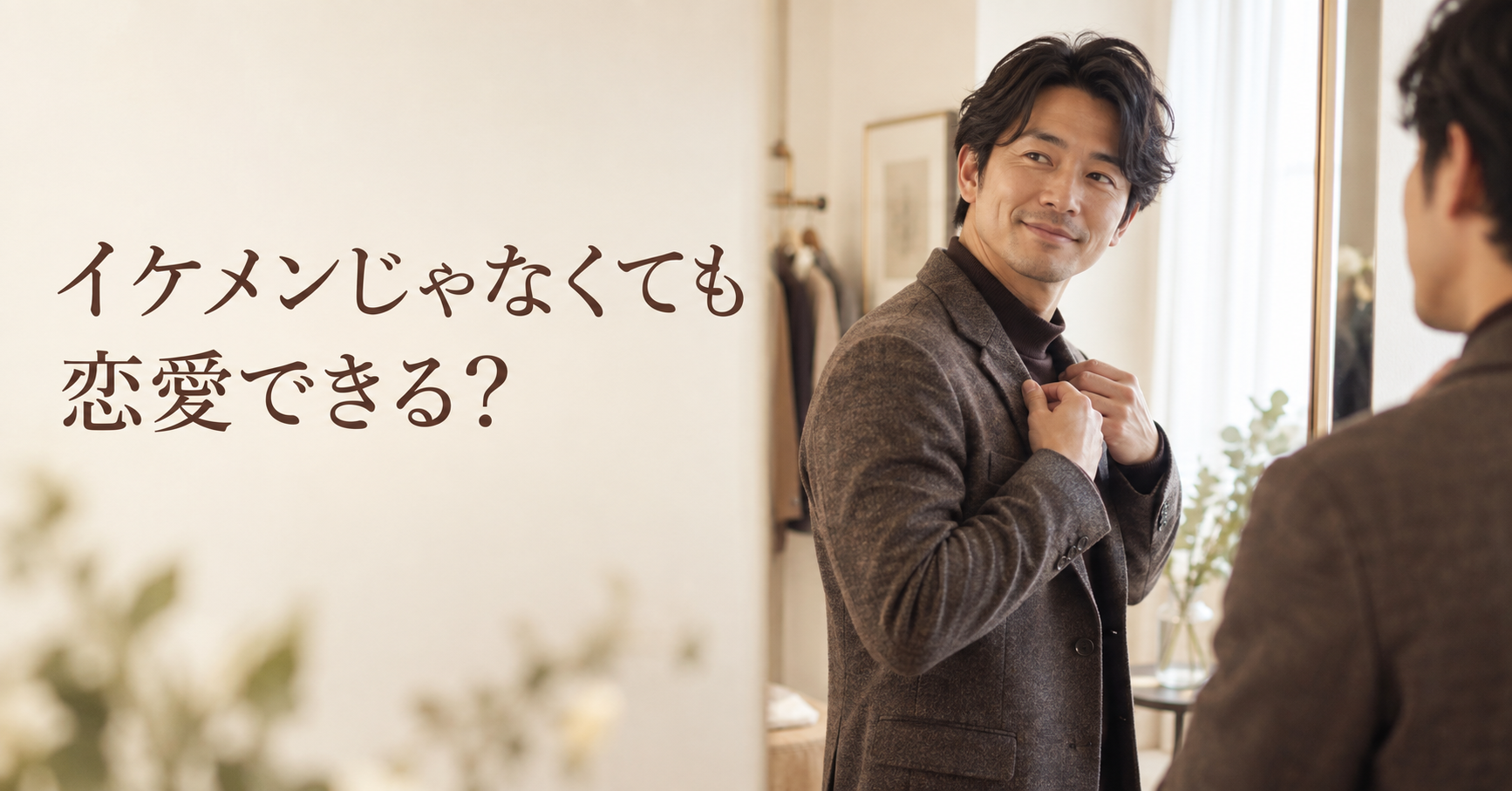 鏡の前でジャケットを整え、自分の魅力を見つめ直す男性
